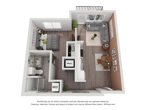 Floor plan for 1 bed, 1 bath, 663 sqft